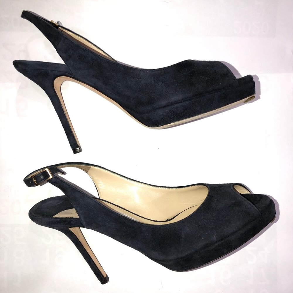 Jimmy Choo Blue Suede Peep Toe Stilleto Platform Slingback High Heel Shoes sz 35